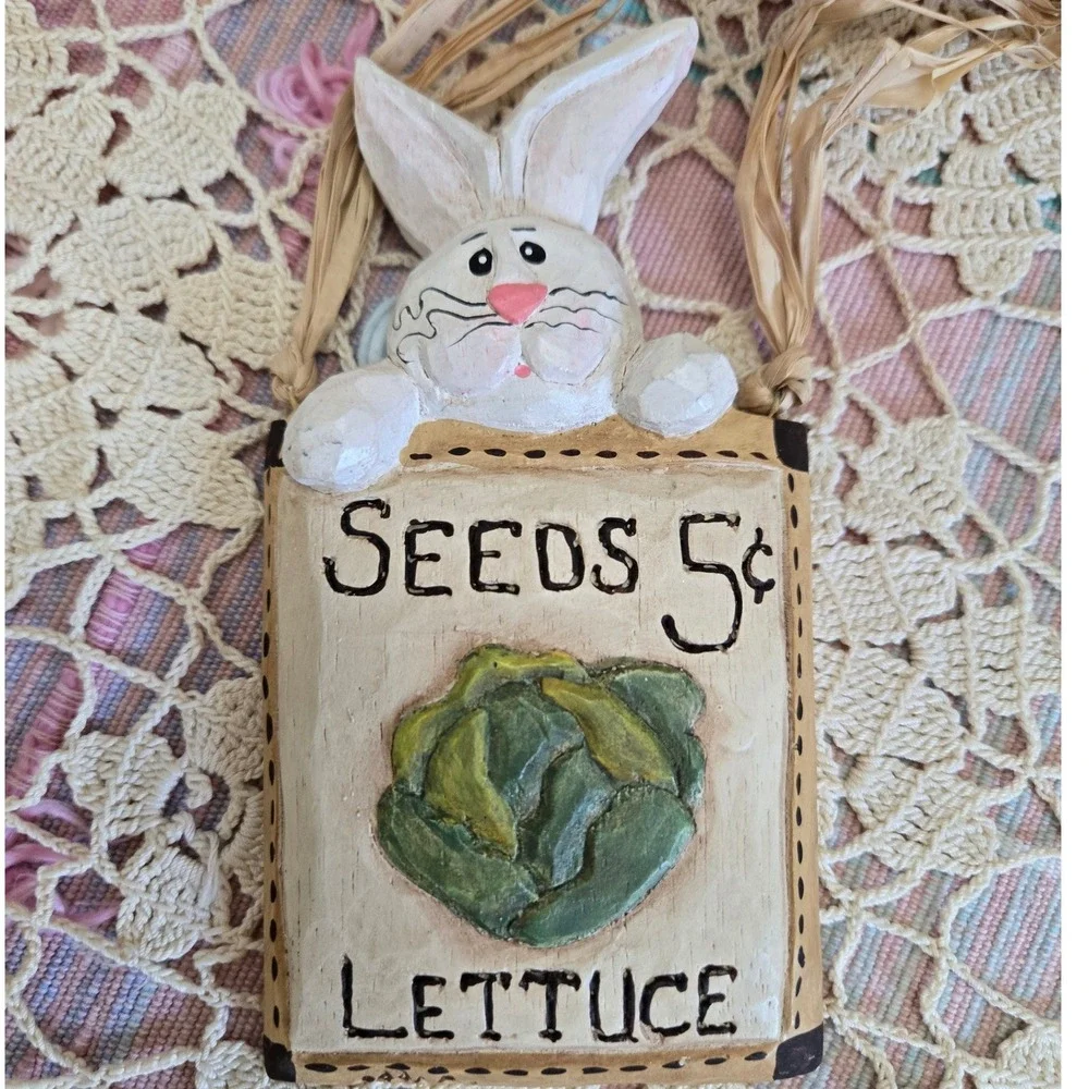 Easter Bunny Seed Packet‎ Ornaments Hanging Set 3 Raffia Bow Resin Rustic